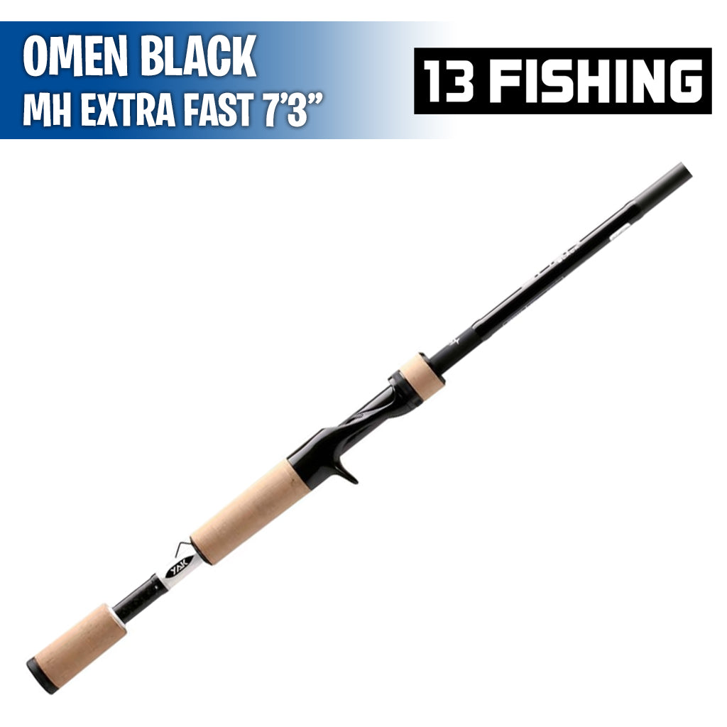 7'3 mh omen baitcast rod 13 Fishing Black 3 Swimbait Casting 8'0" Extra Heavy Paired with Abu Garcia Max X LP reels 13 Fishing OB2S73MH-2 Omen Black
